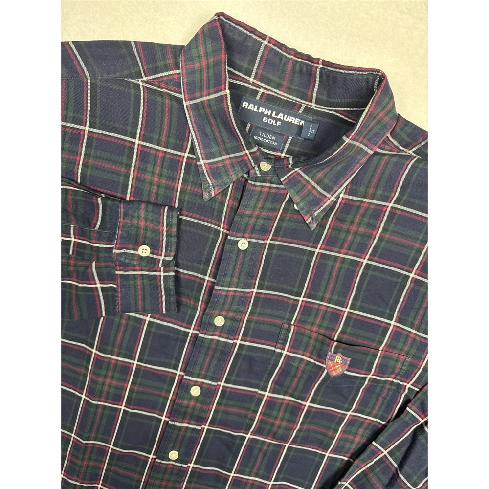Ralph Lauren Golf Shirt XL‎ Tilden Plaid Crest Logo Button Down 100% Cotton
